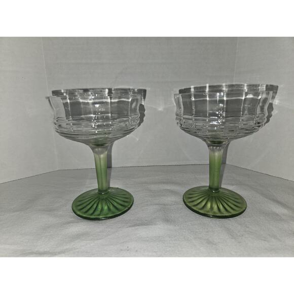 2 Anchor Hocking Circle Green Champagne Sherbert Depression Uranium Glasses - Picture 1 of 6